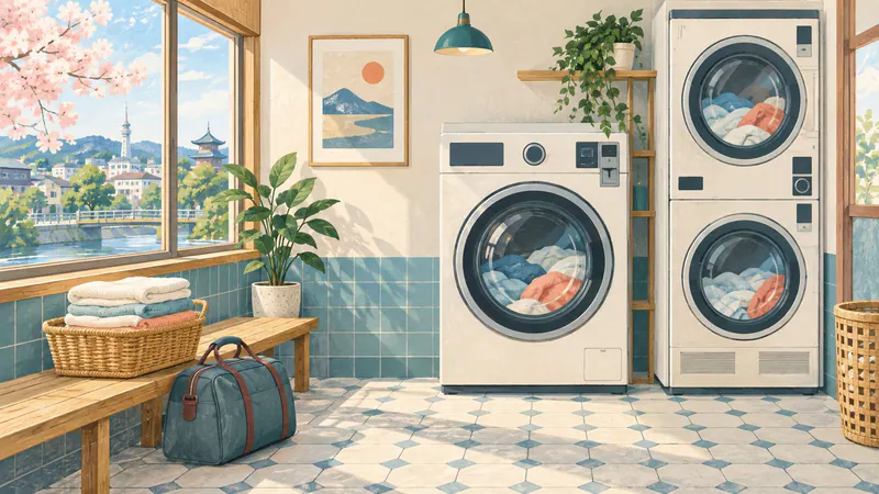 Illustration of an empty laundromat with a washing machine, stacked dryers, folded towels and a travel bag