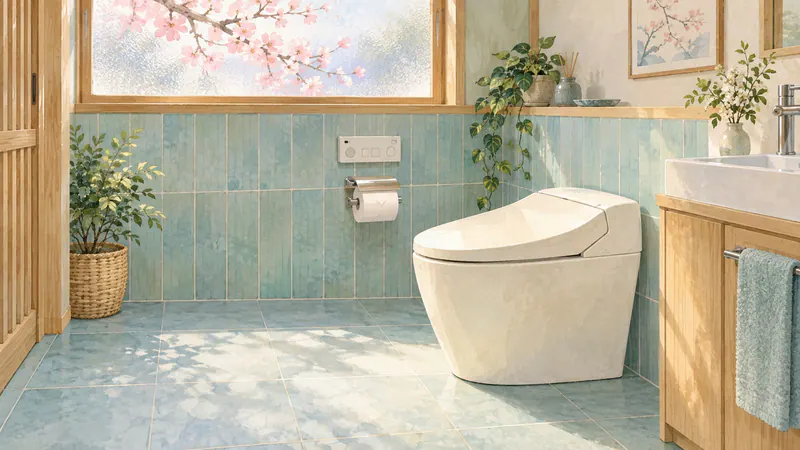 白い洋式トイレと壁の操作パネル、紙ホルダーがある静かな日本のトイレのイラスト