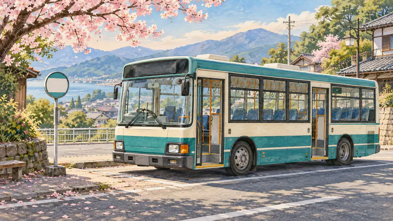 Illustration of an empty local bus with front and rear doors at a quiet bus stop in Japan